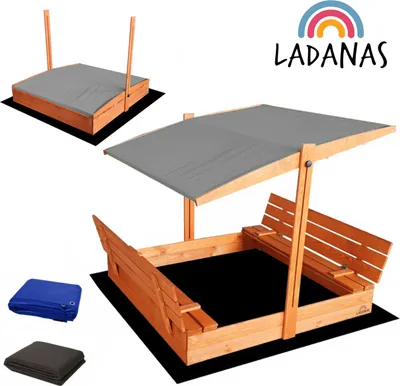 Produktbild von Ladanas® Sandkasten Holz- IMPRÄGNIERT -140 x 140 cm -Sandkiste Kinder incl. VLIES und ABDECKPLANE - faltbaren Bänken & verstellbarem Dach (Grau)- UV50- & Sonnendach