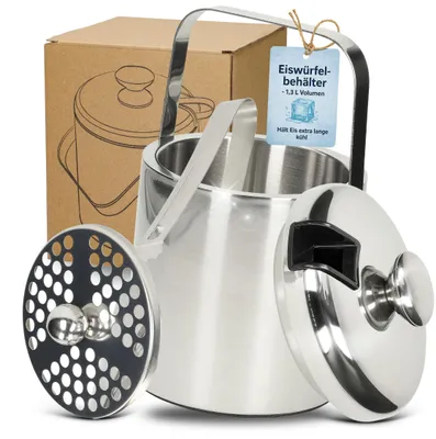 Produktbild von Eiswürfelbehälter aus recyceltem Edelstahl 'Arctic' - Eisbehälter für Eiswürfel inkl. Zange & Sieb - silber