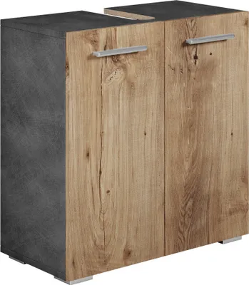 Image de Meuble vasque Jupiter - Gris avec chêne châtaignier - 60 x 30 x 60 cm - Meuble de salle de bain, colonne, armoire
