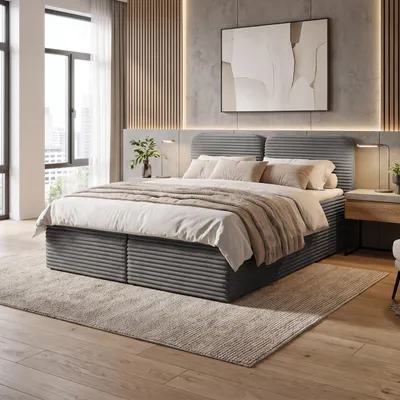 Image de Lit boxspring Beautysofa modèle LARS, 180x200 cm, couleur gris, ensemble complet comprenant un sommier à ressorts Bonell H3, un matelas et un topper. Lit tapissé avec deux tiroirs de rangement, revêtement en tissu TILIA