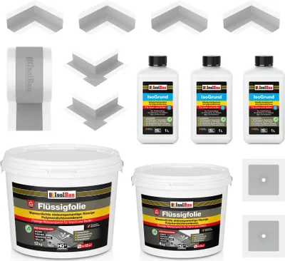 Produktbild von Isolbau Dicht-Set - Inkl. 1x Flüssigfolie (16 kg), 3x Grundierlösung (je 1 L), 1x Dichtband (20 m), 4x Innenecken, 2x Außenecken & 2x Manschetten