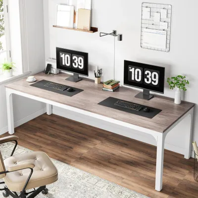 Image de Bureau d'ordinateur extra-long pour 2 personnes - Bureau double - 200 cm, rectangulaire - Bois de bouleau - Espace de travail pour le télétravail - Chêne