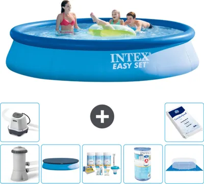 Produktbild von Intex runder aufblasbarer Easy Set-Schwimmpool – 396 x 84 cm – Blau – inklusive Pumpe Abdeckung - Wartungspaket - Filter - Bodenplane - Salzwassersystem - Poolsalz