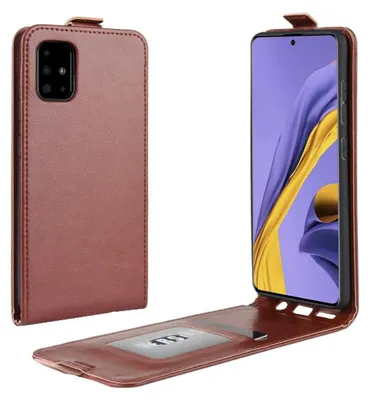 A brown flip case for a Samsung Galaxy A51 smartphone is shown from two angles, one closed and one open.