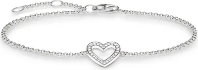 A silver bracelet with a heart-shaped charm is displayed on a white background.