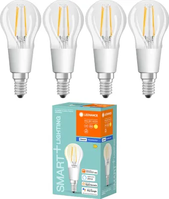 Four LED smart filament light bulbs and their packaging are displayed against a white background.
