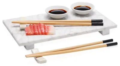 Obrázek produktu pro Excellent Houseware | Sushi set 9dílný - Mramorové servírovací prkénko - Porcelánové misky & bambusové hůlky