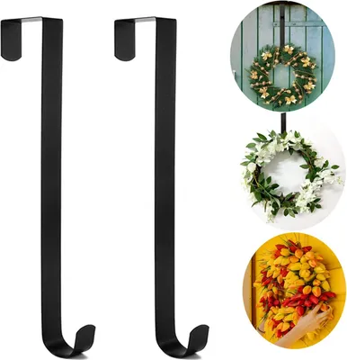A collage showing two black metal wreath hangers on the left and three different wreaths on the right, displayed in circular frames.