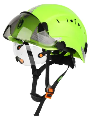 Zdjęcie produktu dla Kask ochronny z wizjerem o barwionym i przezroczystym szkle, podwójny wizjer, wentylowany, zgodny z normami EN397 i EN166, przeznaczony do budownictwa i