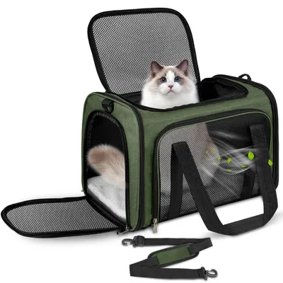 Zdjęcie produktu dla Torba transportowa dla kota i psa, składana, przenośna, do 5 kg, zielona, wymiary: 43 x 28 x 28 cm