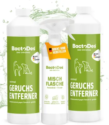 Produktbild von BactoDes Animal Geruchsentferner 2 x 1 L – Effektiver Enzymreiniger gegen Tiergerüche wie Katzenurin u. v. m., Konzentrat mit Misch- & Sprühflasche