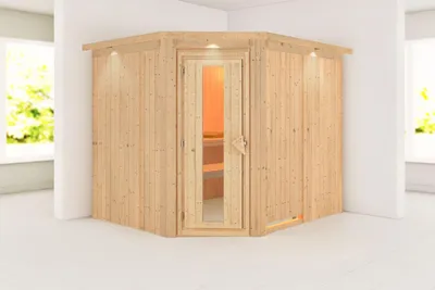 Produktbild von Karibu Sauna Innensauna Malin Eckeinstieg ohne Zubehör 245x210x202 cm mit Dachkranz mit Energiespartür