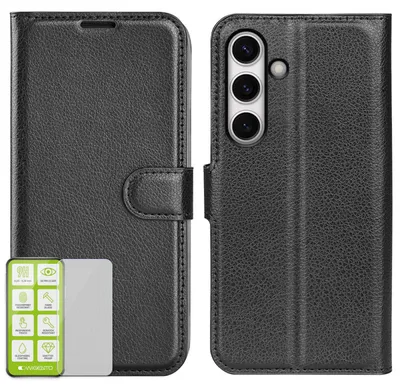 Obrázek produktu pro Pro Samsung Galaxy S24 FE Pouzdro na mobilní telefon Black Synthetic Leather Case + H9 Tempered Glass