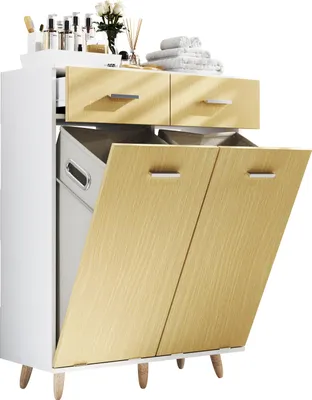 Zdjęcie produktu dla Drewniana szafka na pralki | Pralnia | Skrzynka na pranie | Kosz na pranie | Wymiary ok. H. 97 x W 79 x D. 35 cm - Landos L