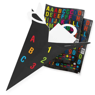 Immagine prodotto di itenga Sacchetto regalo a forma di cartoccio scolastico con alfabeto, 32 cm, color ardesia + foglio di adesivi (motivo 170)