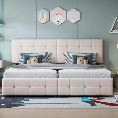 Immagine prodotto di Letto imbottito 180x200 cm con spazio contenitore a sollevamento idraulico, rivestito in velluto color beige/grigio, con poggiatesta regolabile in altezza, trasformabile in due letti da 90x200 cm
