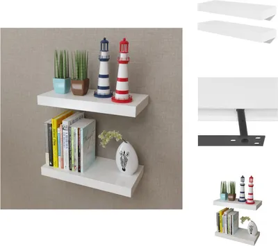 A collage of images showing white MDF wall shelves, including a close-up of the mounting bracket and a lifestyle shot with decorative items.