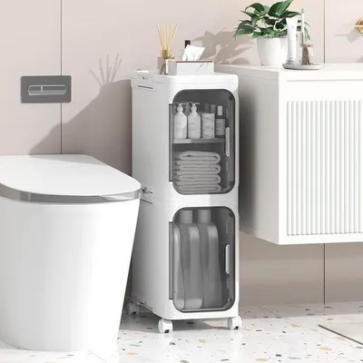 Produktbild von Famanu Badezimmerkasten freistehend mit Tür und Rollen – wasserdichte Kunststoffaufbewahrung