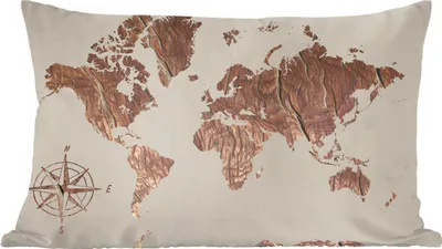 Produktbild von MuchoWow® Zierkissen Sofakissen Wohnzimmer Dekokissen 50x30 cm Weltkarte - Holz - Windrose - Wohnzimmerdekoration - Polster mit Photo