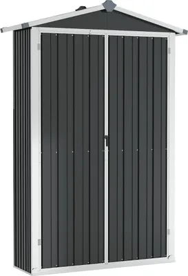 A dark gray metal shed with silver trim and double doors, presented against a white background.