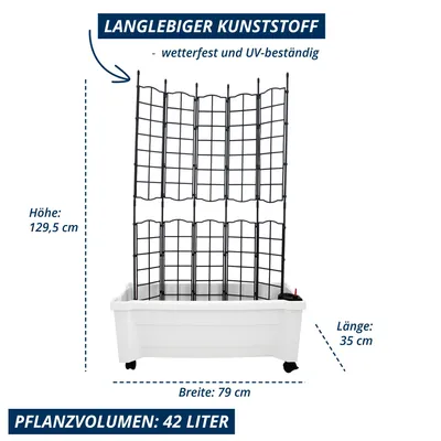 Produktbild von KHW Calypso Pflanzkasten aus hochwertigem Kunststoff auf Rollen mit Bewässerungssystem + modulares Spalier, stabil, wetter-/UV-beständig. Farbe: Weiß.