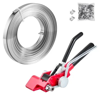 Immagine prodotto di Set per reggiatura con nastro in acciaio - Reggiatrice manuale, 3 pezzi - Nastro in acciaio 30,5 m - Capicorda 100 pz. - Tenditore e taglierina per nastro - Per imballaggio, trasporto e stoccaggio