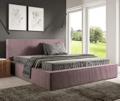 Produktbild von Sofello Einfaches Polsterbett Moderne Form FILO Puderrosa 200x200 aus Kordstoff mit Metall-Lattenrost Modernes Design in trendigen Farben, mit Stauraum