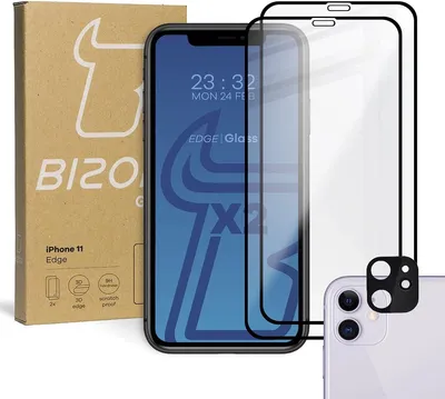 Produktbild von Bizon Glass Edge CF Panzerglas - 2 Stück + Linsenschutz, iPhone 11, schwarz