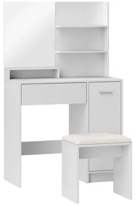 Zdjęcie produktu dla Toaletka z lustrem i tapicerowanym taboretem - stolik kosmetyczny - szuflada - szafka - regulowane, otwarte półki - 80 x 40 x 132 cm - biały