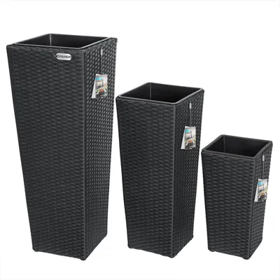 Produktbild von CASARIA® Blumentopf 3er Set Polyrattangeflecht Übertopf Wasserabfluss Rattanoptik Outdoor Pflanzkübel Blumenkasten Schwarz