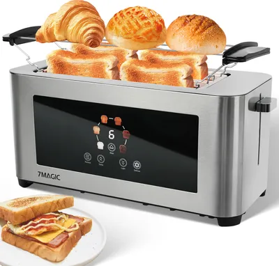 Produktbild von 7MAGIC Toaster Edelstahl 4 Scheiben mit Brötchenaufsatz, 1400W 6 Bräunungsstufen, Langschlitz mit Touchscreen LED Anzeige, Auftau-/Aufwärm-/Schnellstoppfunktion, Brotzentrierung, Silber