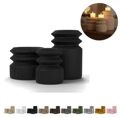 Image de Bougeoirs pour bougies LED pilier Shiro, lot de 3, 14 cm, cannelés, PLA – Noir