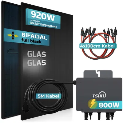 Produktbild von SUNNIVA® 920W Balkonkraftwerk BIFAZIAL FULLBLACK komplett Steckdose TSUN 800W Wechselrichter, PV Solaranlage, 5m Kabel, Bluetooth WIFI