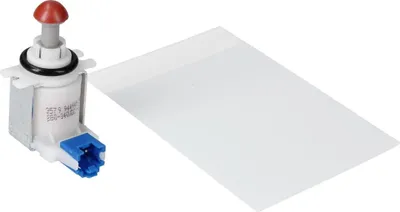 A white electromagnetic valve with a red plunger and a blue connector, next to a white sheet of paper.