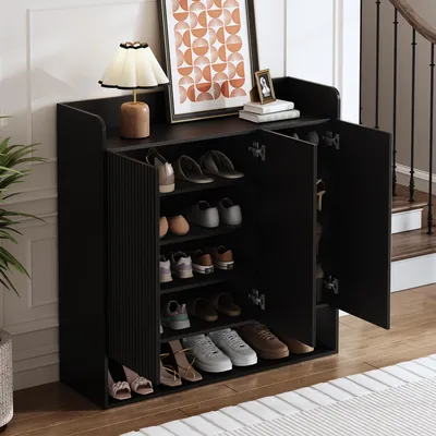 Produktbild von MODFU Flurschrank,Schuhschrank mit Ganzkörperspiegel,Mehrstöckiges Schuhregal mit großem Fassungsvermögen,Schwarzer