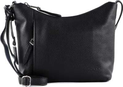 A black leather handbag is shown against a white background.