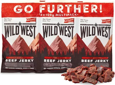 Produktbild von Wild West Beef Jerky 3 x 100g Multipack Original Rindfleisch Snacks Beef Jerky high Protein Trockenfleisch Protein Snack Knabberartikel