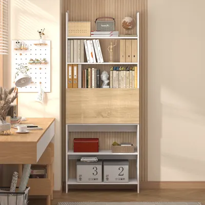 Produktbild von Weißes und holzfarbenes Bücherregal mit Klapptisch, Bücherregal mit 3-farbiger LED-Beleuchtung, höhenverstellbare Einlegeböden, Mehrzweck Bücherregal