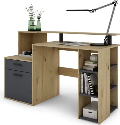 Obrázek produktu pro byLIVING LOUIS psací stůl / ve vzhledu dubu Artisan a antracitové barvě / spousta úložného prostoru 1 dvířka, 1 zásuvka a 3 otevřené přihrádky / domácí kancelář / pracovní stůl / kancelářský stůl / š 140, v 89, hl 55 cm