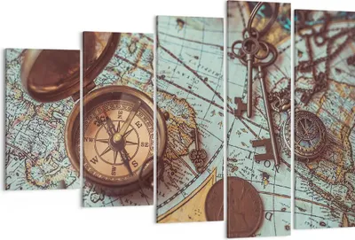 Produktbild von Bild auf Leinwand - Leinwandbild - 5 Teile - Kompass Vintage Karte - 150x100cm - Wand Bild - Wanddeko - Wandbilder - Leinwanddruck - Bilder - Wanddekoration - Leinwand bilder - EG150x100-4302