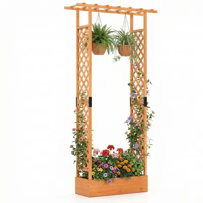 Produktbild von COSTWAY Blumenkasten, Pflanzkasten mit Rankgitter, Rankhilfe&hängendem Dach, Hochbeet für Kletterpflanzen,Sichtschutz Pflanzkübel 110x35x227 cm, Orange