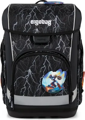 A black school backpack with a lightning bolt pattern and a character patch.