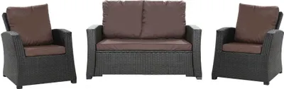 A set of outdoor furniture cushions, including a two-seater sofa cushion and two single chair cushions, displayed against a white background.