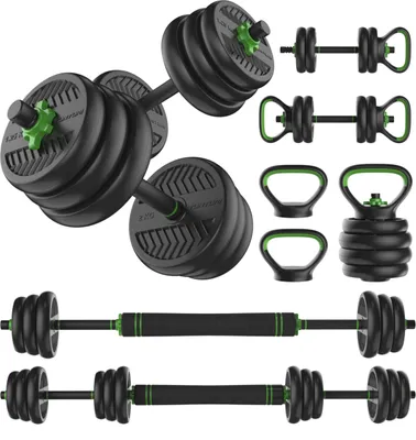 Productafbeelding van Gewichtsschijven en dumbbells met vinylcoating, van 20-28 kg, inclusief kettlebell en halterstang