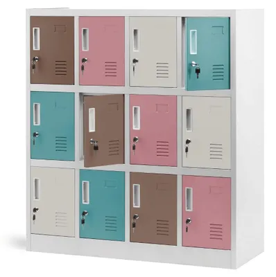 Produktbild von Schließfachschrank Spind für Kindergarten OLA 12 Fächer Etikettenhalter | Umkleideschrank Metall Kleiderspind 120x109x45cm Pastellfarben