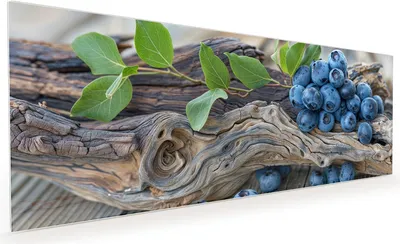 Produktbild von Küchenrückwand Spritzschutz Glas mit Motiv Blaubeeren auf Holz 40 x 40 cm