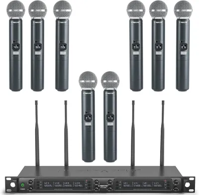 Immagine prodotto di Sistema di microfoni wireless Phenyx Pro, microfono wireless a 8 canali, completo di 8 microfoni dinamici portatili, con scansione automatica e 8 frequenze UHF (40)