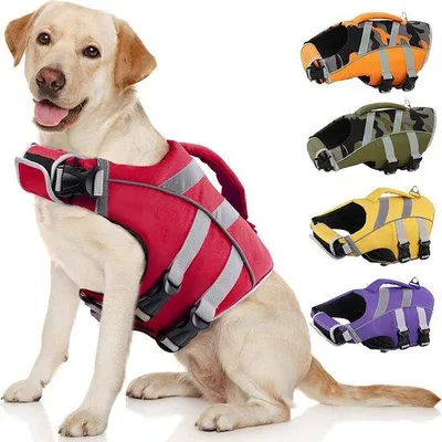 Produktbild von Unyqoos® Hundeschwimmweste – rot, reflektierende Streifen, verstellbar XS–XXL, hoher Auftrieb, Ripstop-Oxford & Nylon, Parelkatoenschaum, Tragegriff & D‑Ring