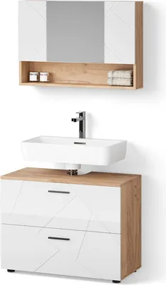Produktbild von Badmöbel-Set Livinity Ronco Weiß Hochglanz/Goldkraft Eiche 2 Teile, Unterschrank 80 cm, Model 52839