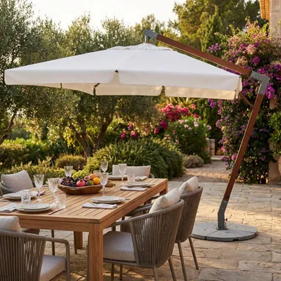 Immagine prodotto di Milani Home - ombrellone da giardino 3 x 4 m palo laterale decentrato in legno, telo poliestere marrone e ecrù, per terrazzo, piscina e dehor